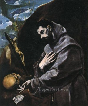 エル・グレコ Painting - 祈る聖フランシスコ 1580 マニエリスム スペイン ルネサンス エル グレコ
